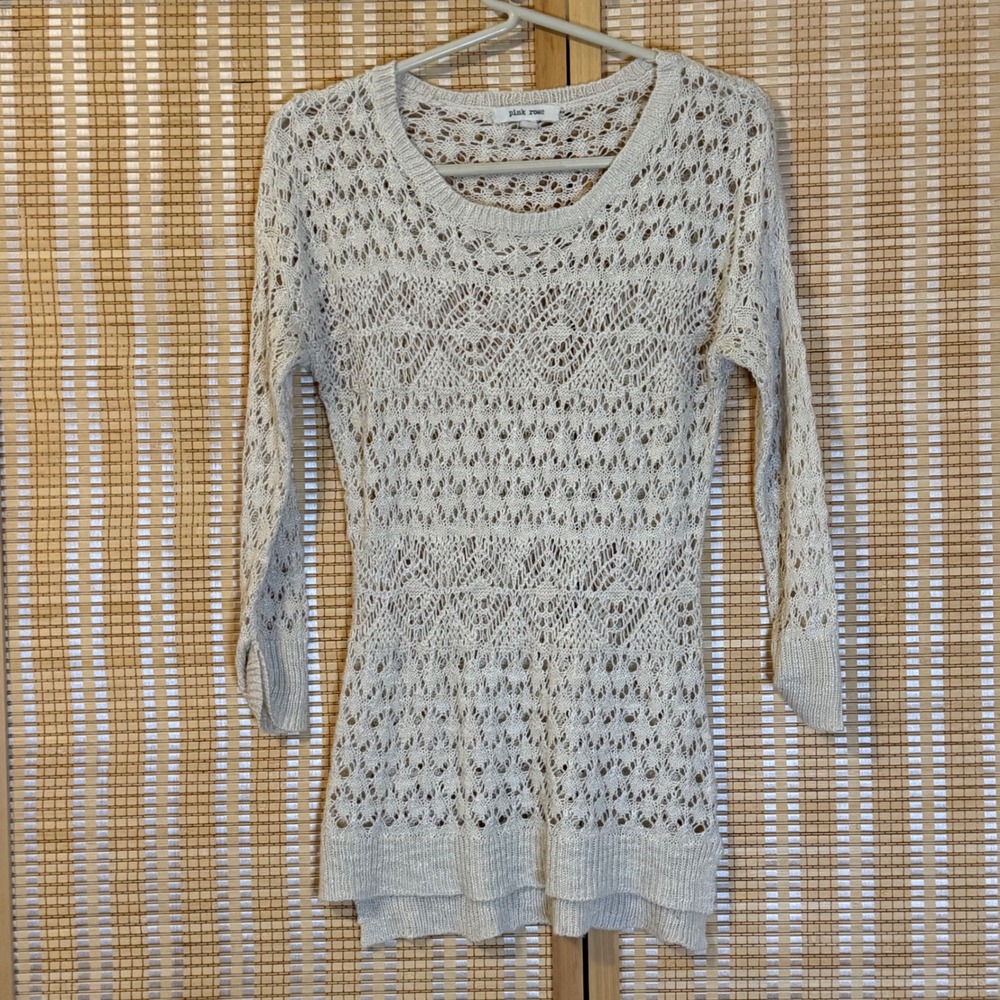 Pink Rose Women Cream Beige Pointelle Open Knit Crochet Sweater Medium 3/4 Slev